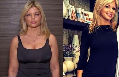 A picture of Donna D'Errico before (left) and after (right)  full body plastic surgery.